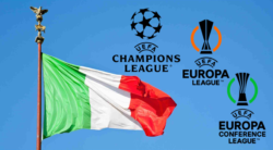 bandiera italiana che sventola circondata dai logo delle coppe europee